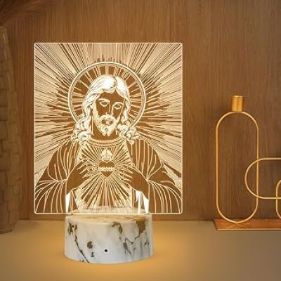 Jesus 3D Illusion Night Lamp with Warm White Light  Gift for Christian Friend  Christmas Decor Light  Home & Office Decor Light